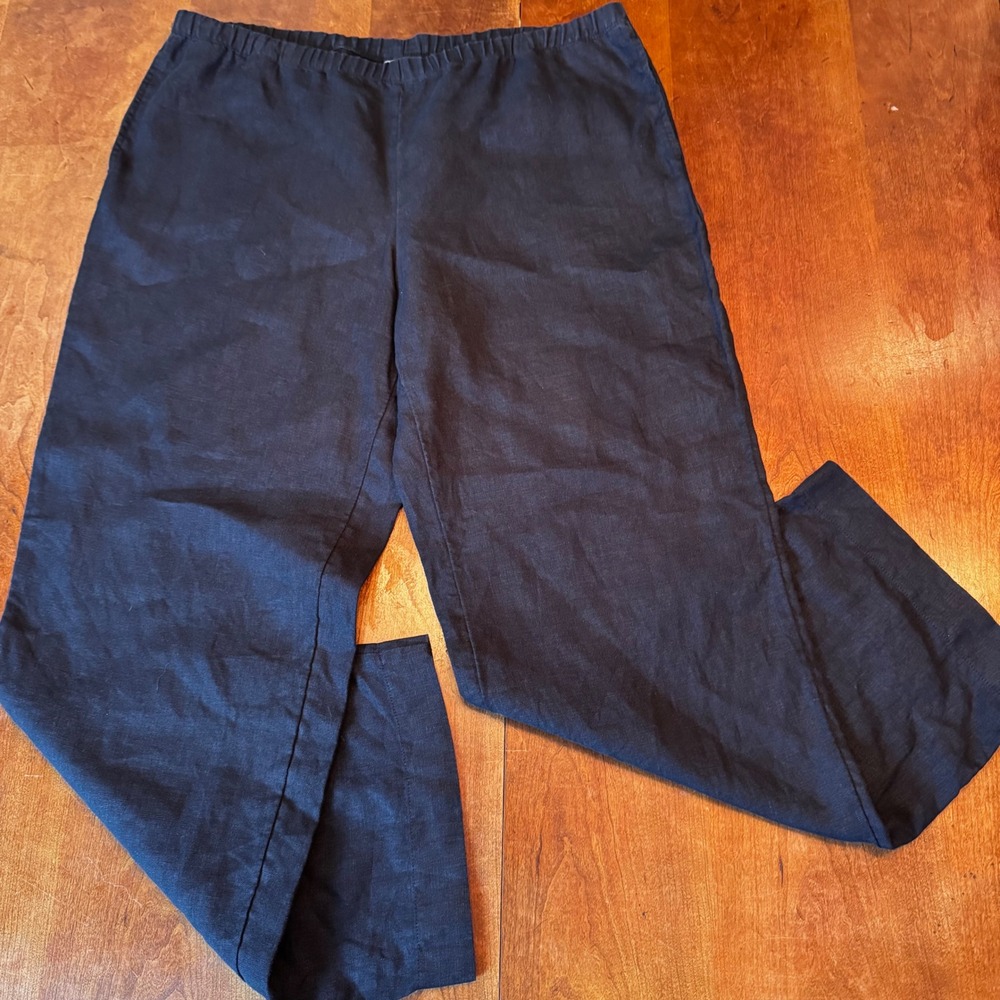 J. Jill Pants Womens L Black 100% Linen Elastic Waist Straight Leg Pockets